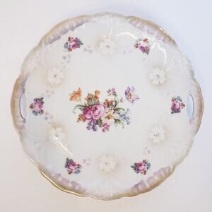 Vintage Bavarian Handled Porcelain Cake Plate Floral Flowers Spring 9 1/2"